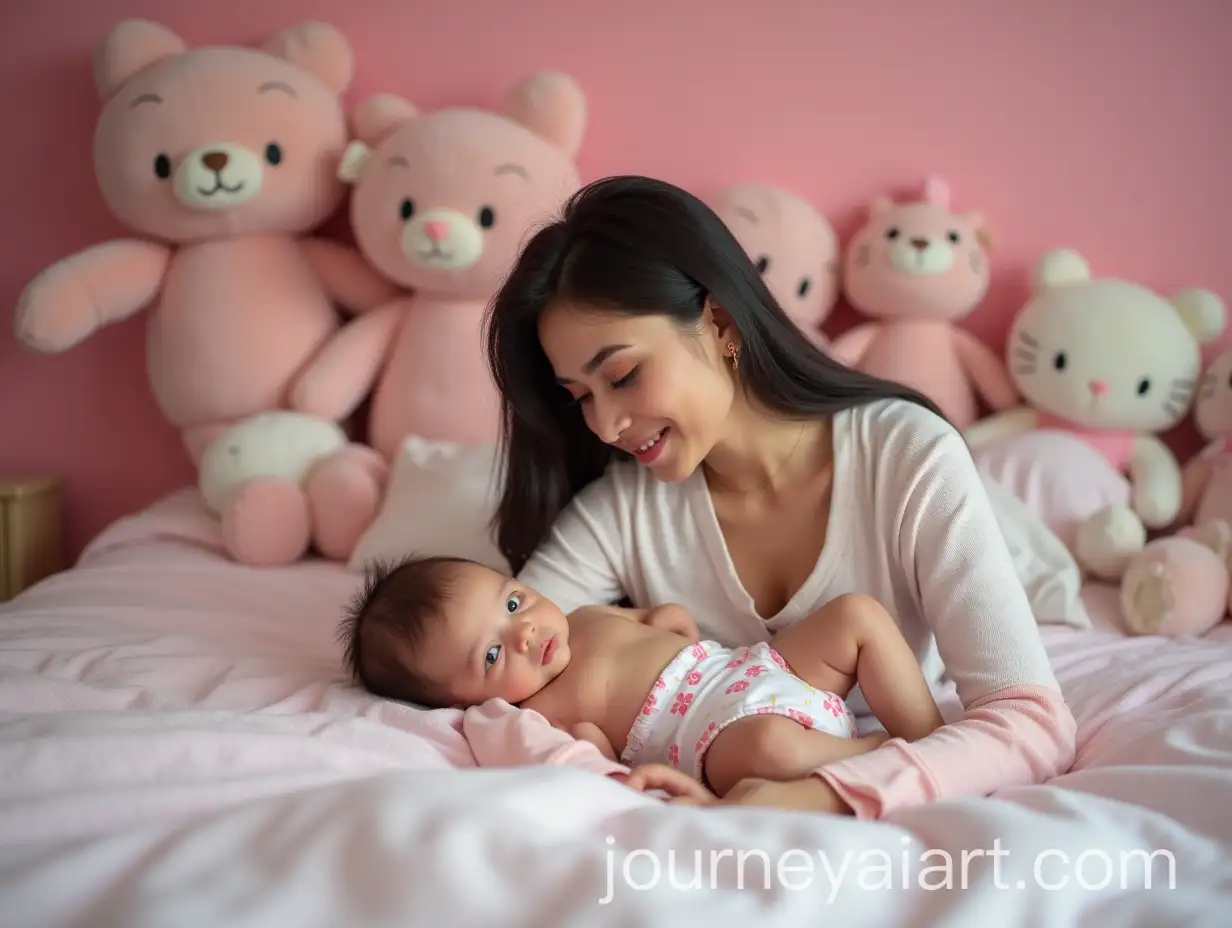 Mom-and-Baby-Boy-Relaxing-on-KingSized-Bed-Surrounded-by-Plush-Dolls
