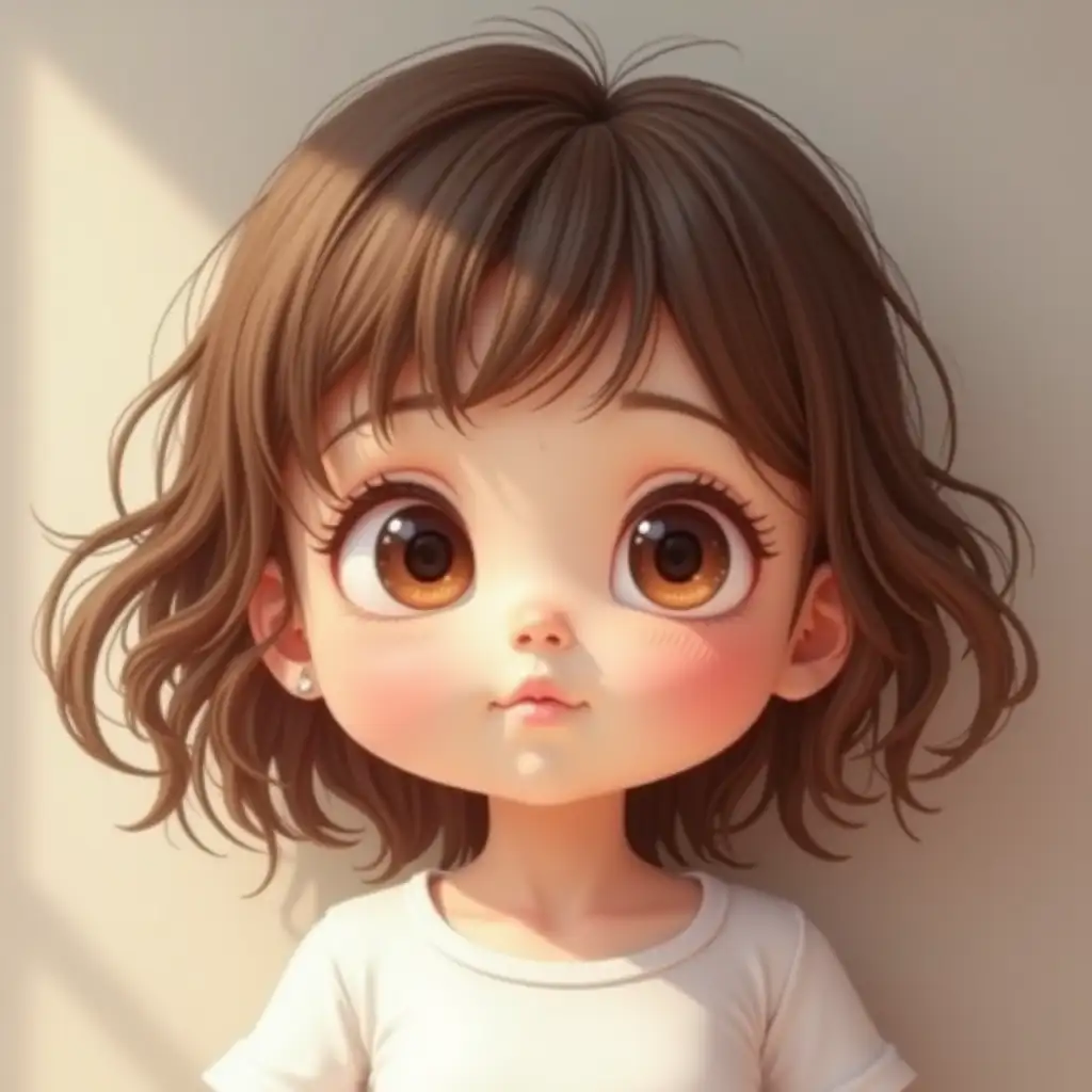 a little girl kid aged 2 years, doll-like face, half asian-eropean, white bright skin, big eyes, bronze hair, wearing white bright shirt, very sleepy face, cartoon style