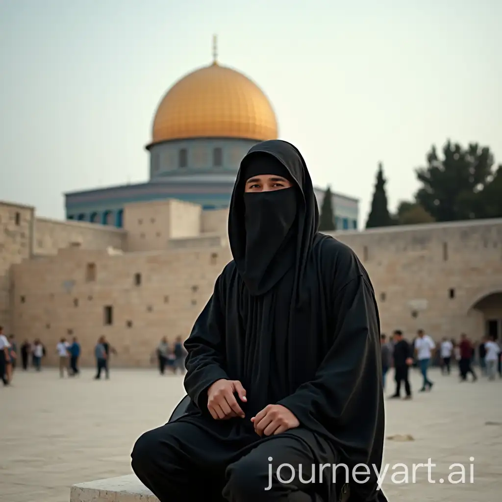 Soldier-in-Black-Islamic-Abaya-with-Dome-of-the-Rock-in-Palestine-Background