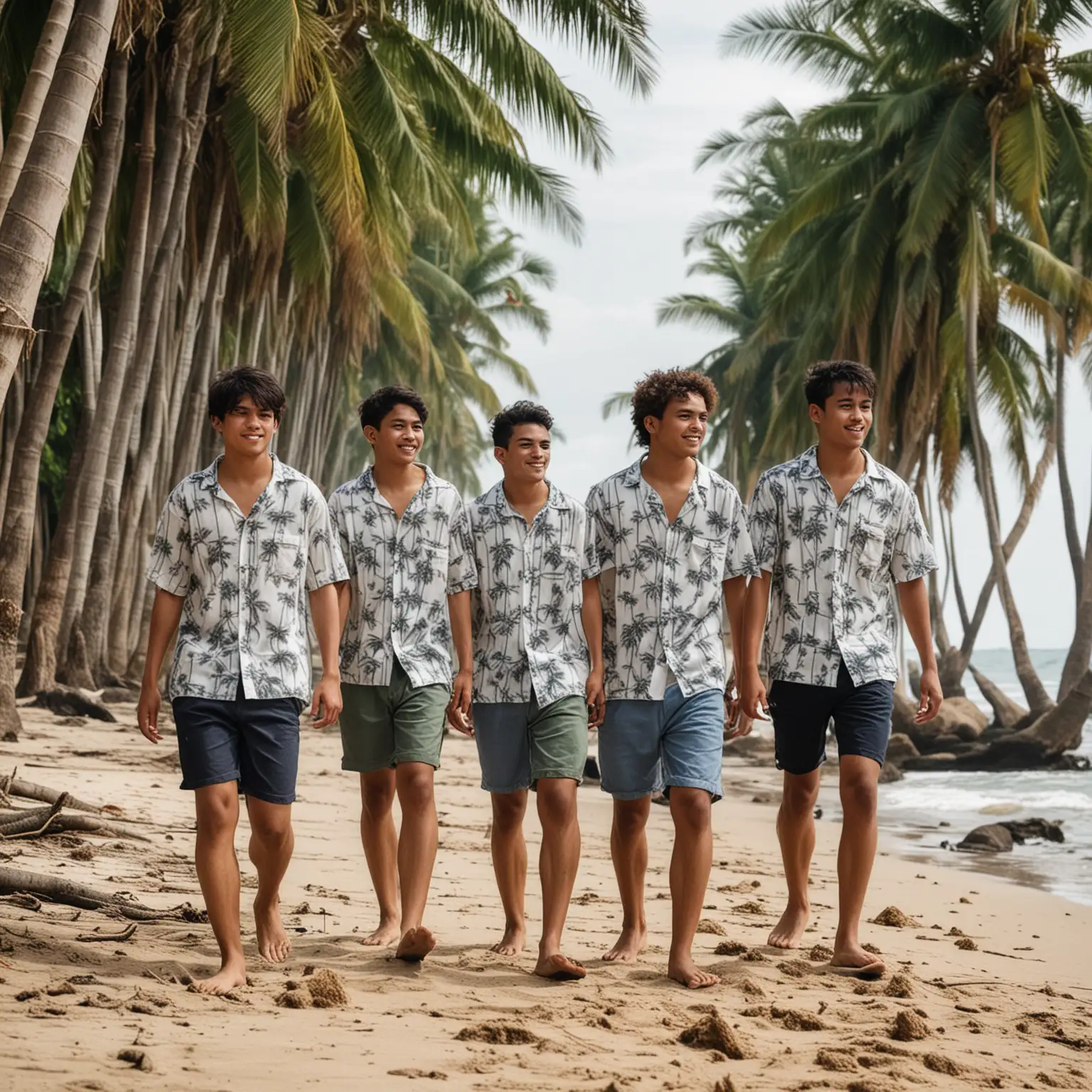 Five young men Indonesia dressed in beach shirts and shorts were walking on the beach with coconut trees during the day