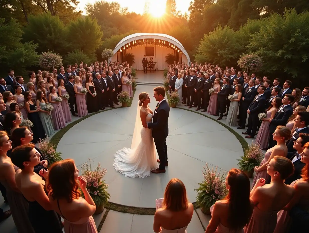 a bird's-eye view from above - the newlyweds are standing in the center of a large circular area decorated in the style of a wedding, around them in a circle are standing and looking at them with joyful faces a lot of smartly dressed people celebrating their wedding, behind you can see an open street stage with a round (like a 'shell') white roof and on the stage someone is singing with live music, it's all in nature, a sunset sunny day and a lot of sunset sunlight, the newlyweds are in focus, and the background behind them is blurred