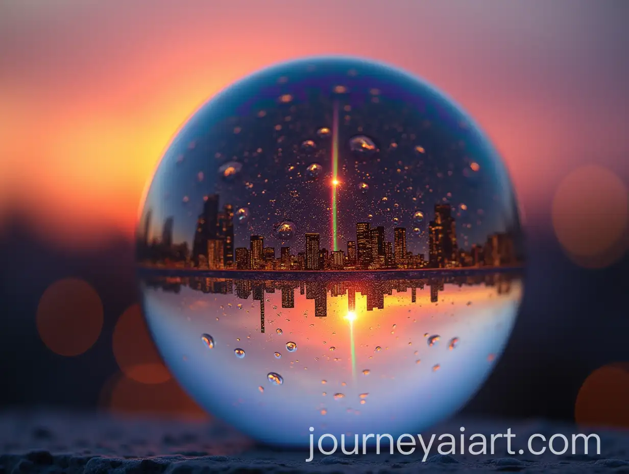 Hyperrealistic-Macro-Photograph-of-Soap-Bubble-Reflecting-Rainbow-Cityscape-at-Sunset