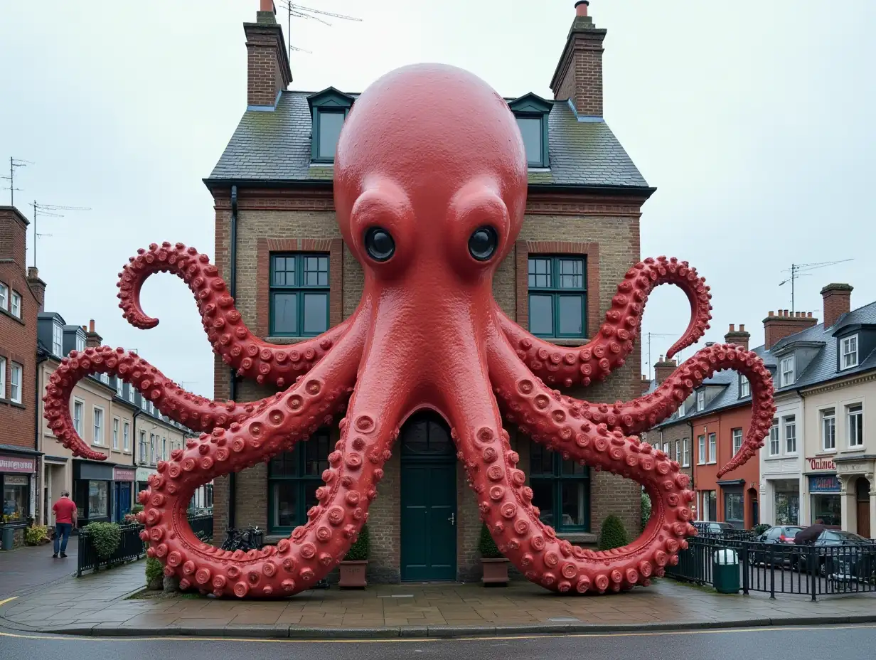 Face from an octopus with boots transformed into a building