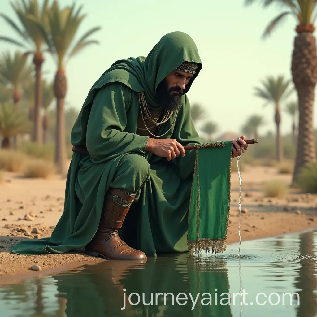 Thirsty-Arab-Warrior-Kneeling-by-River-in-Desert-Trying-to-Drink-Water