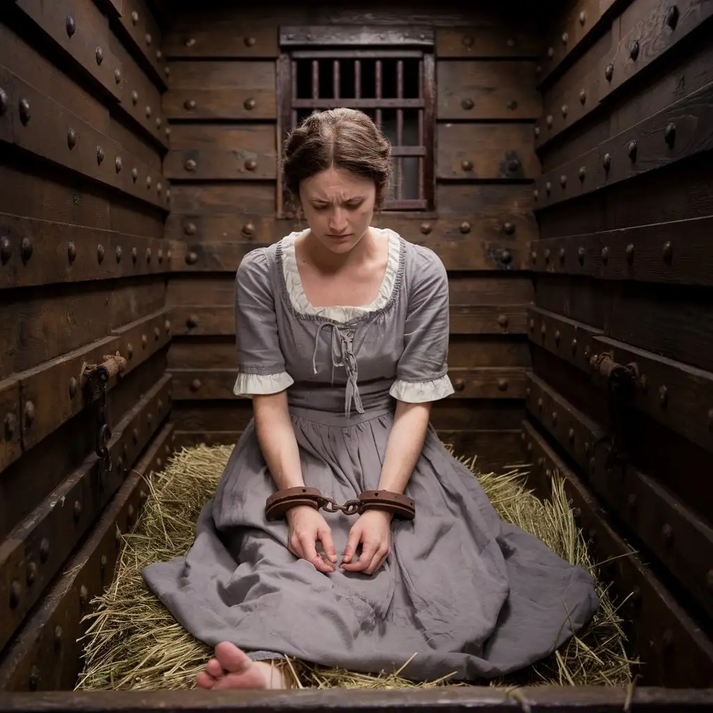 Young Woman in 1700s Prisoner Transport Cart with Handcuffs