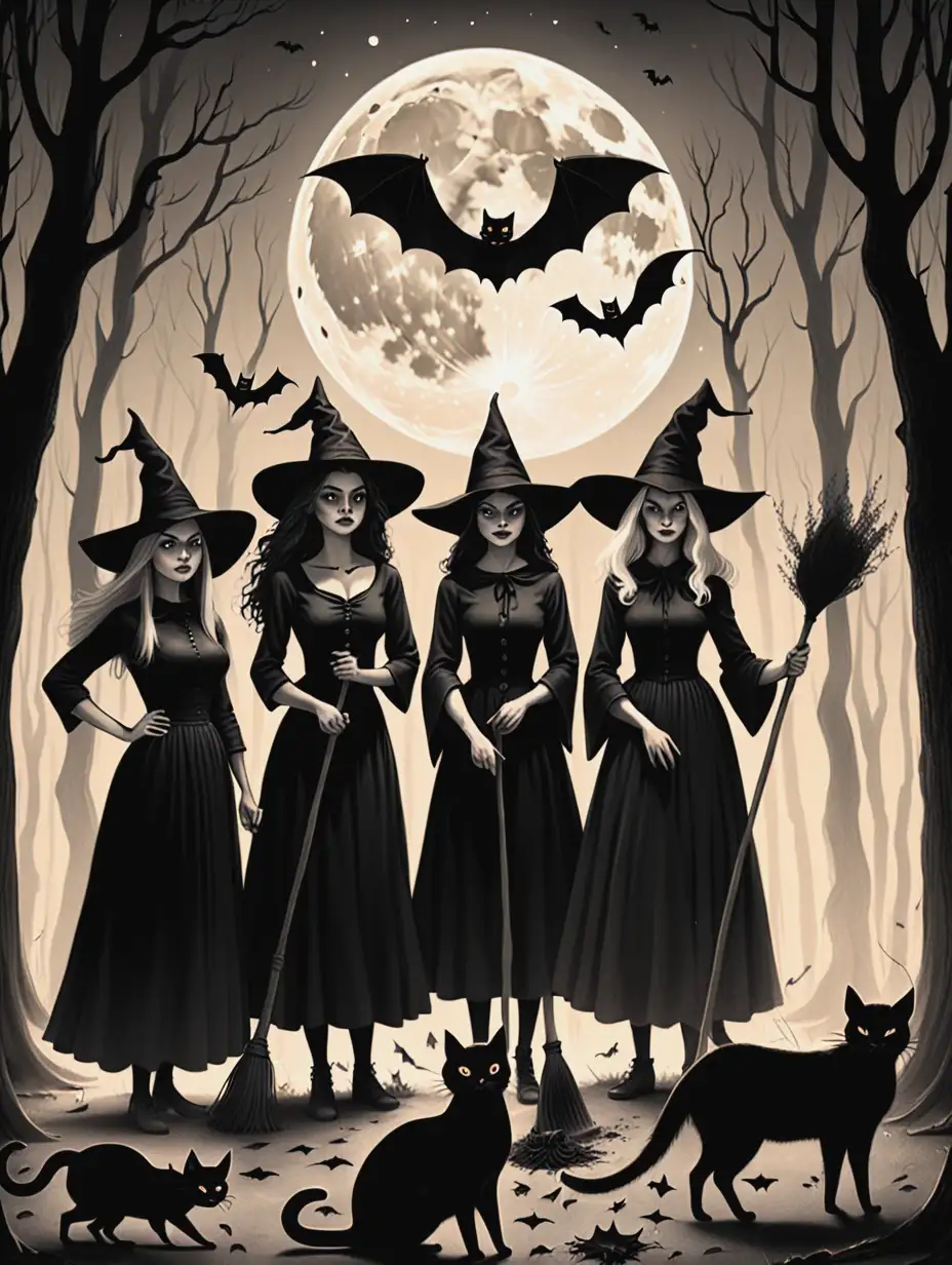 Group of Five Female Witches in Monotone Forest Scene