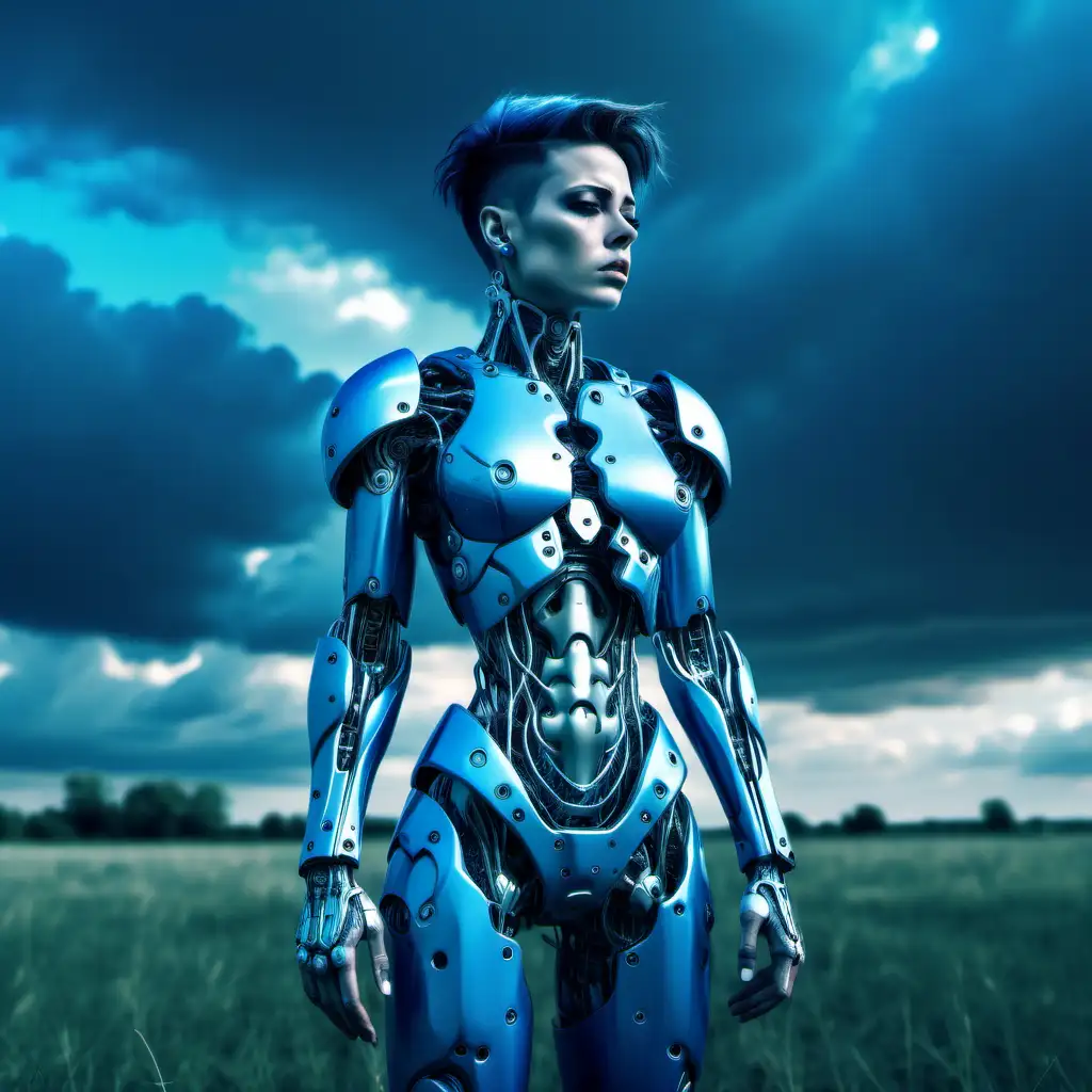 Dramatic Cyborg in Blue Skies Pasture Scene