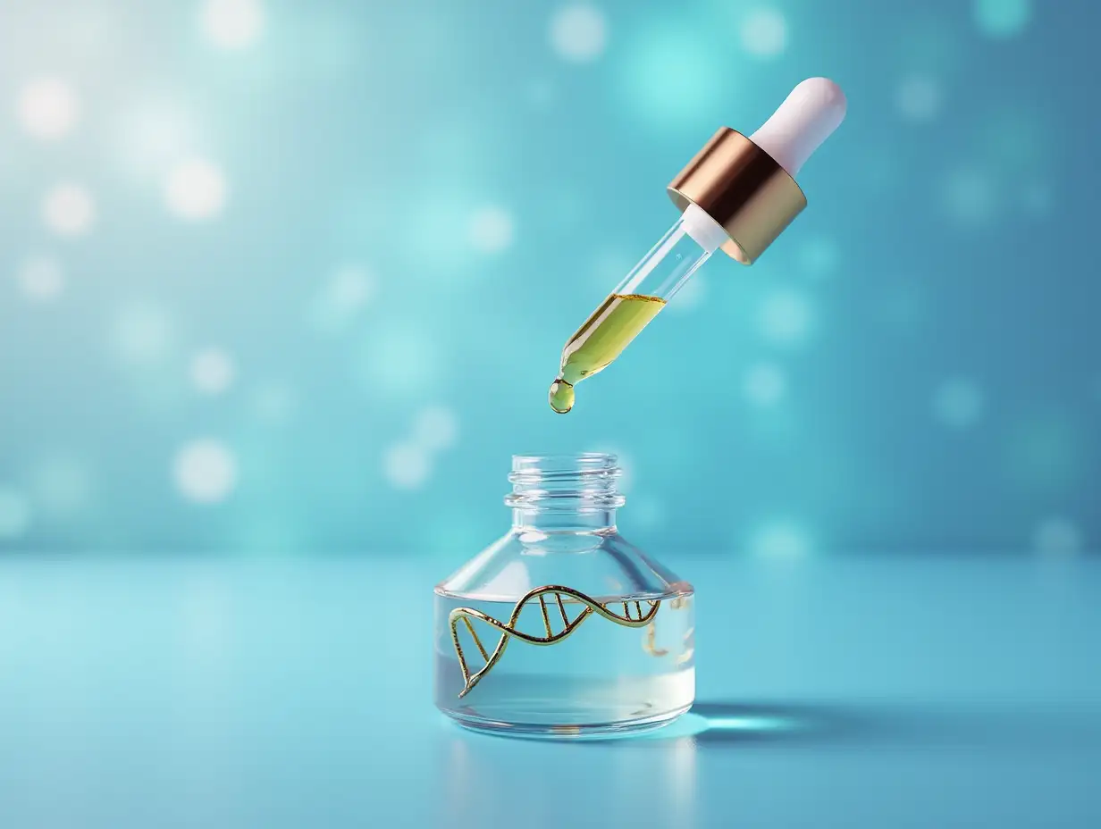 Cosmetic pipette with Cosmetic Essence oil and DNA structure, Liquid drop in medical science lab background, 3d rendering