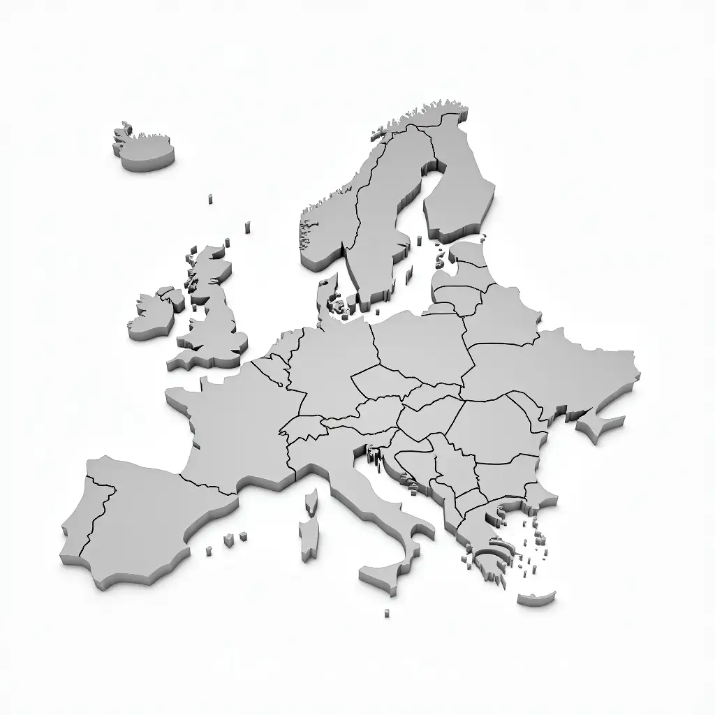 I need a map of Europe stretching to Poland, not necessarily needing to have the Scandinavian countries and Morocco should be visible on this map. The background should be white. If you can add a bit of 3D to the map, that would be nice. And each country should be clearly delimited.