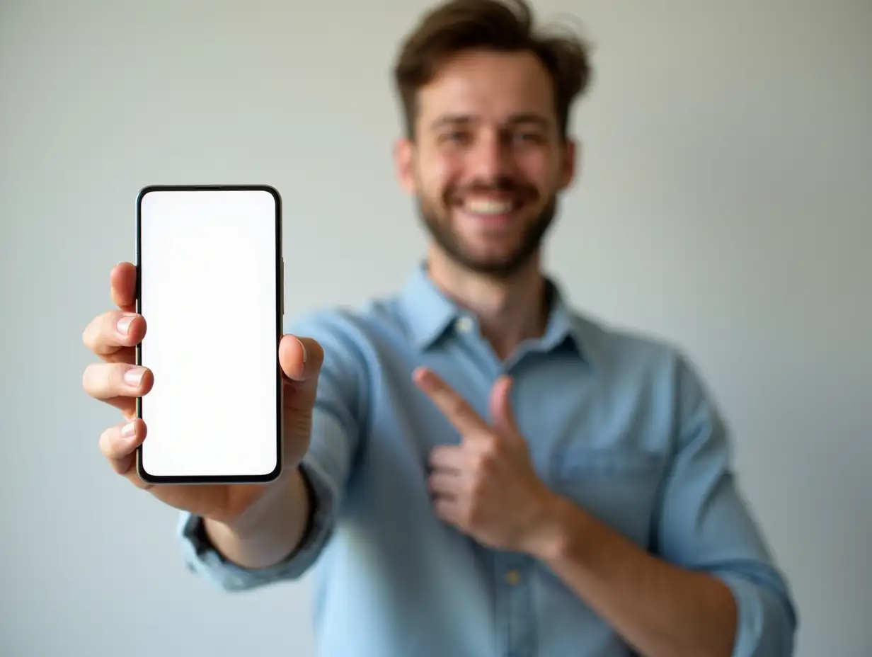 Portrait of happy man demonstrating blank phone and pointing to empty screen with smile. Copy space for your app