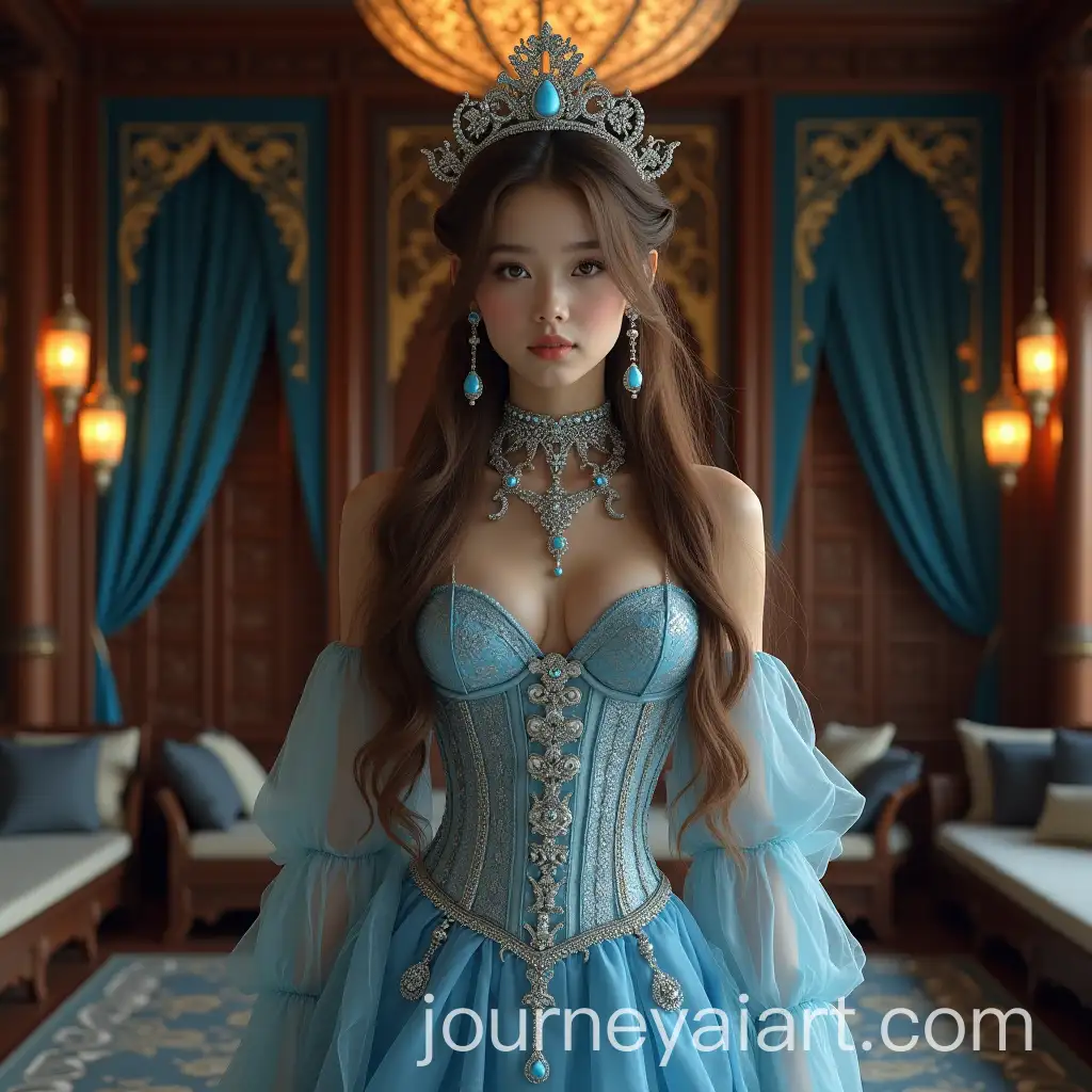 Elegant-Girl-in-SkyBlue-Skirt-and-Tiara-in-Ornate-Oriental-Interior