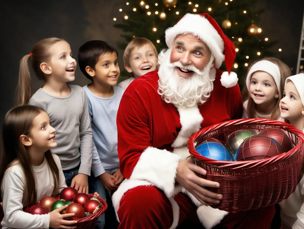 Santa Smiling with Children and an Empty Basket