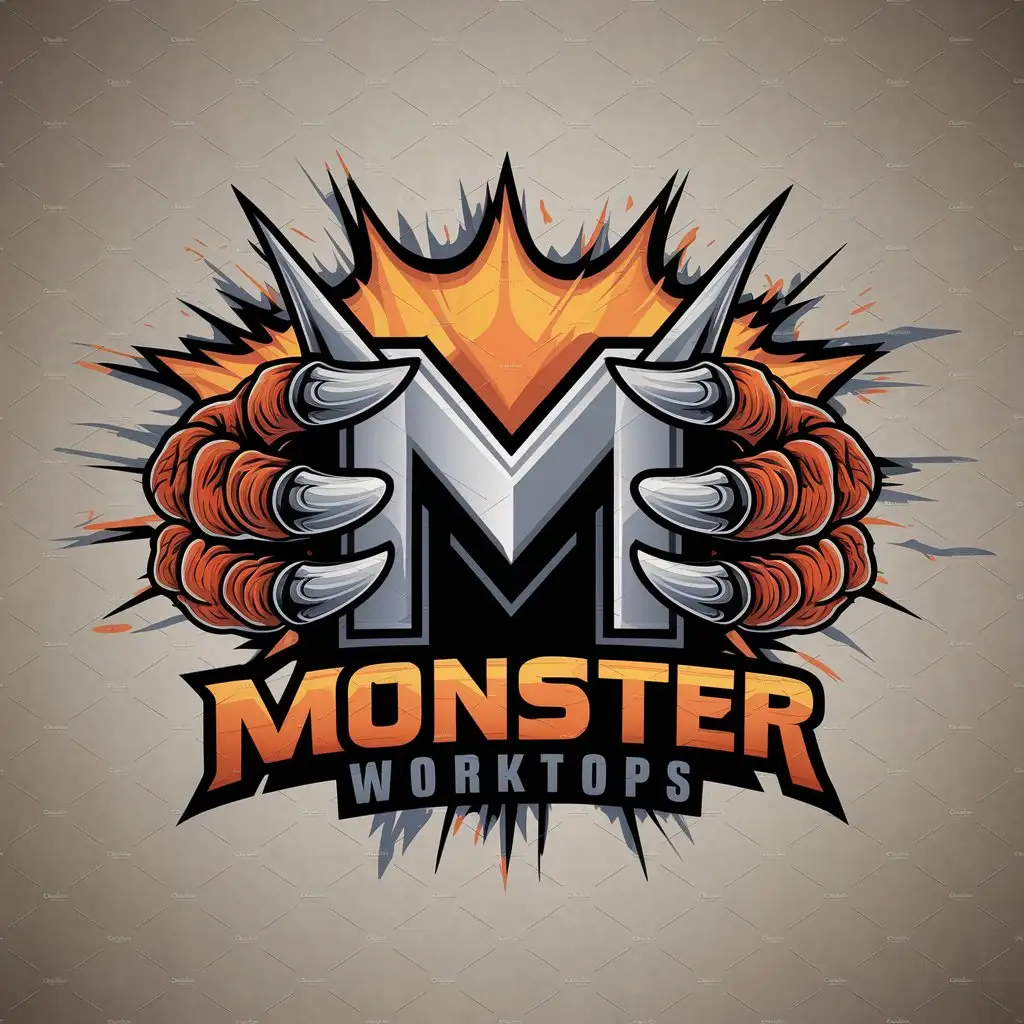 LOGO Design For Monster Worktops Bold M with Fierce Monster Claws and Explosive Orange Splash