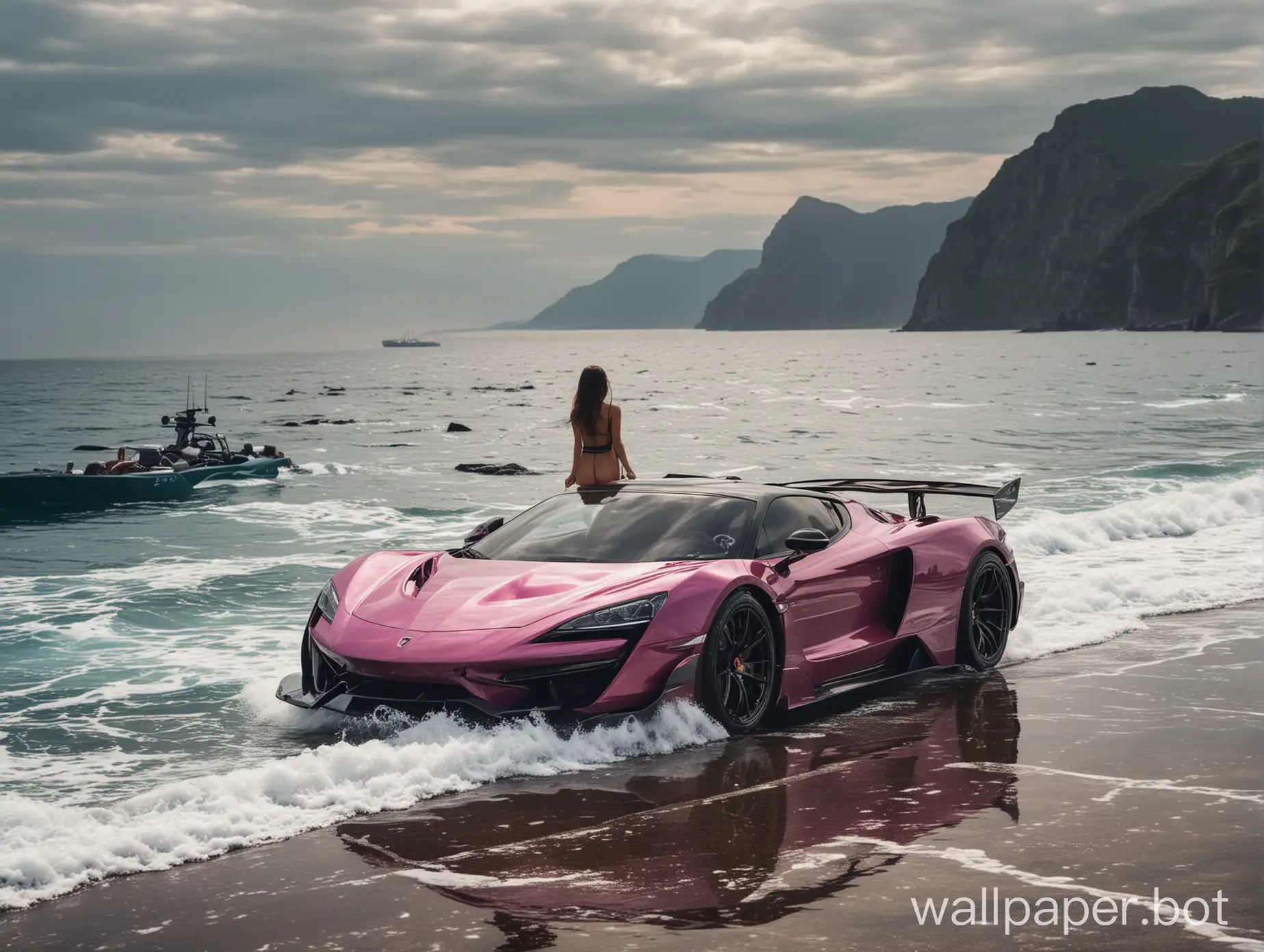 Women-Driving-Supercar-by-the-Sea-with-Scenic-Space-Background