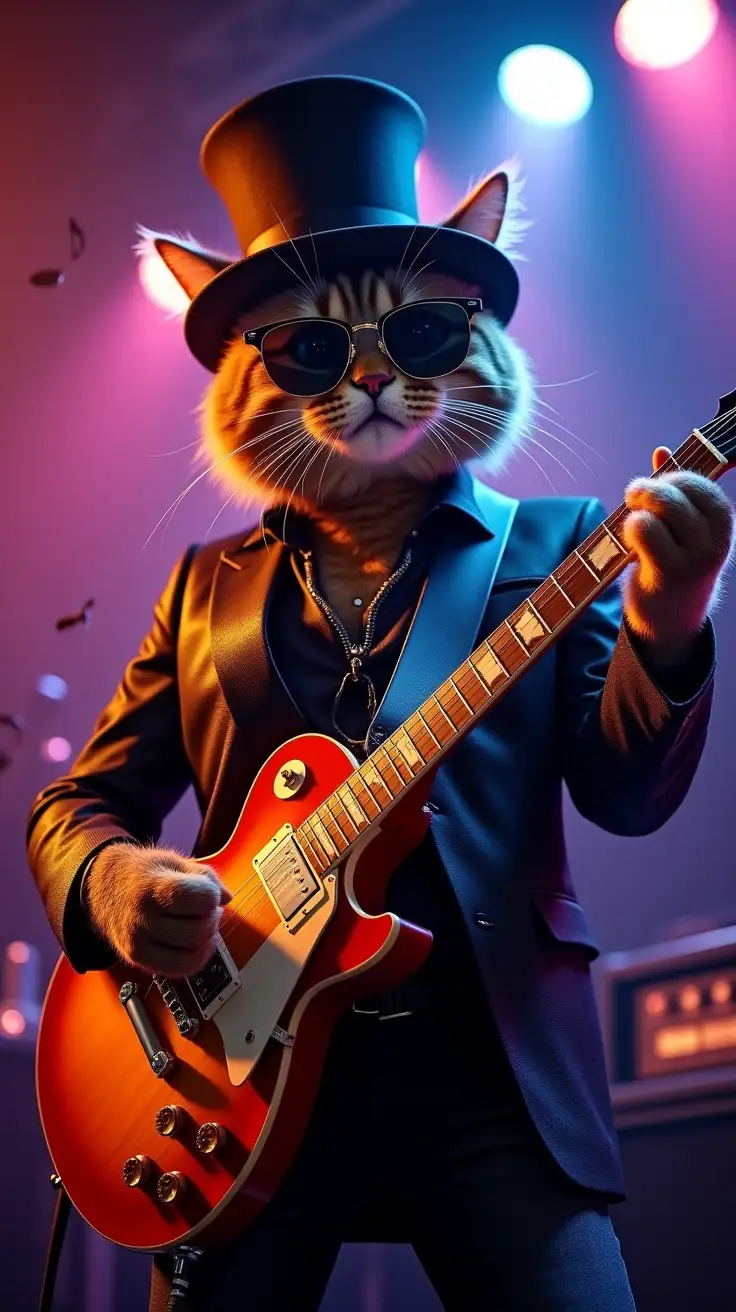 A stylish rockstar cat wearing sleek sungglasses and a tall top hat, passionately playing a classic Les Paul electric guitar. The cat is striking a dynamic pose on stage, with vibrant lights illuminating the scene, and musical notes swirling around to capture the energy of the performance.