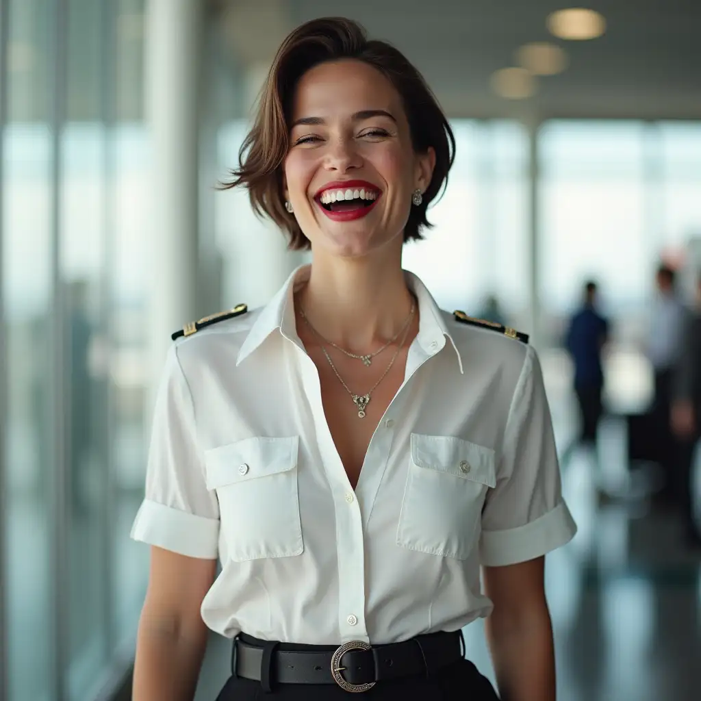 white lady , in white deep-necked pilot button shirt, decolte, laughing with her mouth open, red lipstick accentuating her smile,belt on waist, big wide hips, chest are fully grown, jewerly, short hair, HD, airport, photo-realism