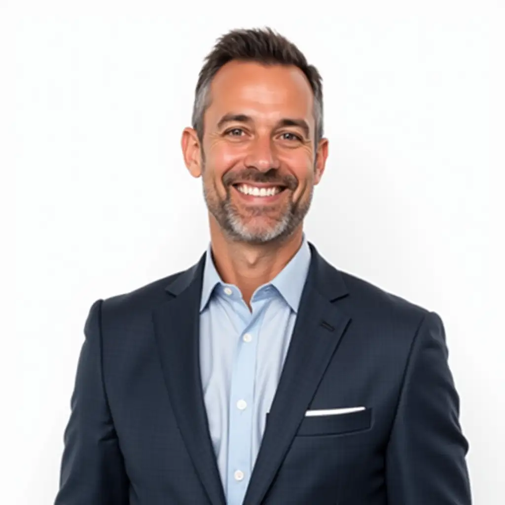 a realistic photo of a white 40-year-old male realtor in a business suit and shirt against a white background, the man is smiling