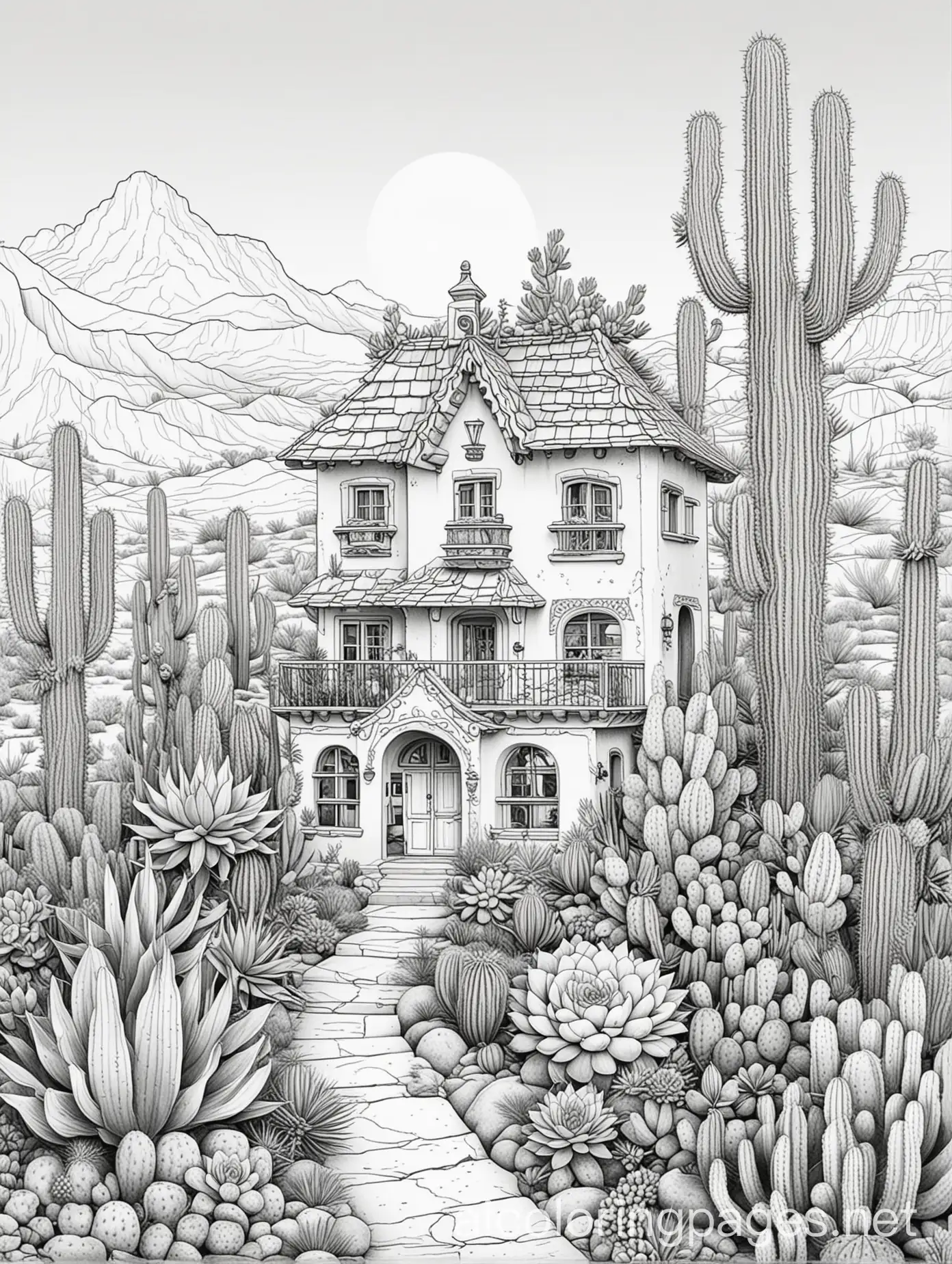 Fantasy-Cactus-and-Succulent-House-Coloring-Page