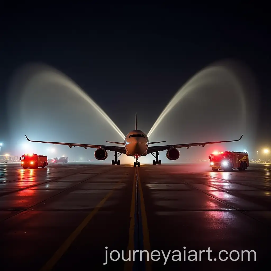 DC10-Taxiing-at-Night-Commemorated-by-Firetruck-Sprays