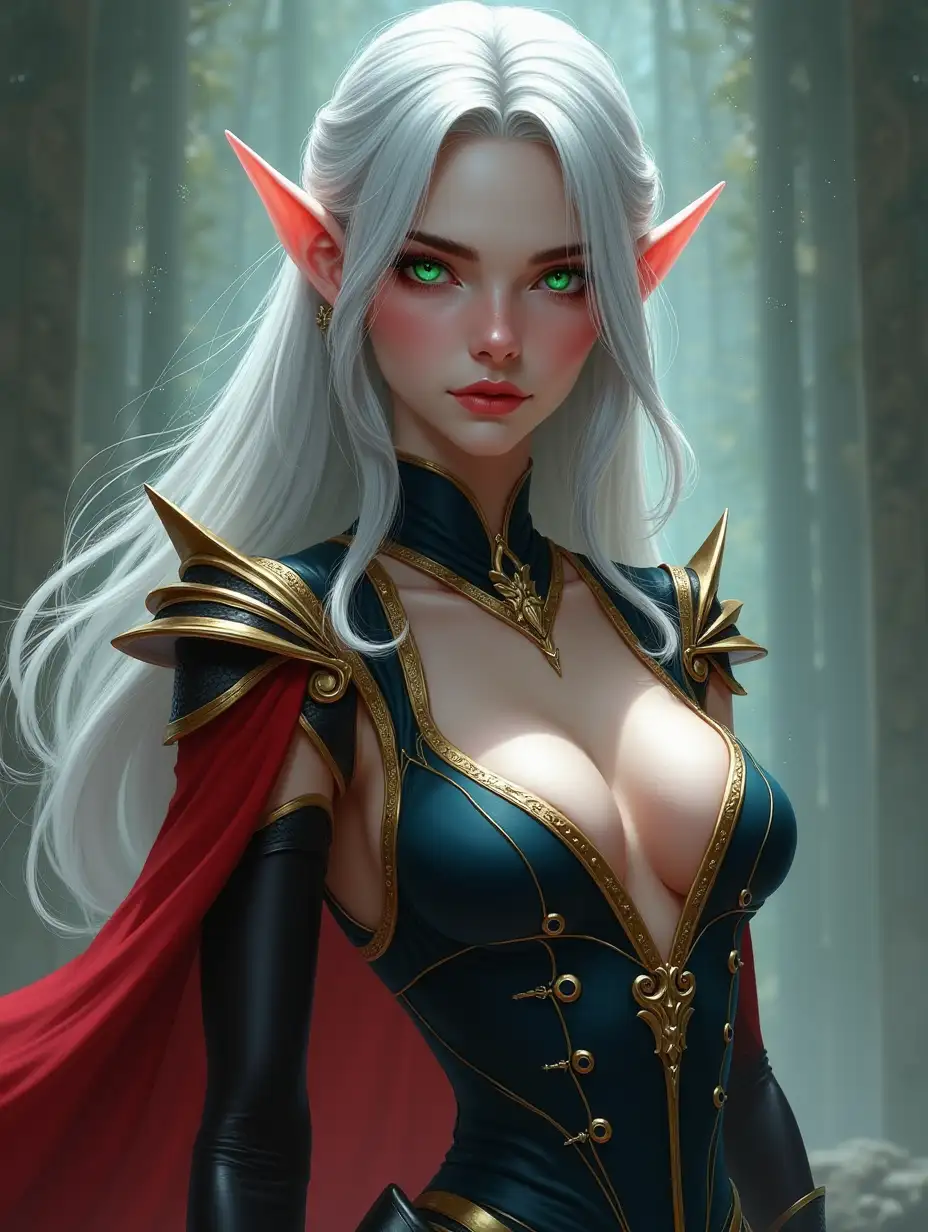 Imagine an elven lady with ethereal beauty: flowing silver hair, glowing green eyes, and elegant, revealing attire with gold and blue accents. Her presence is both graceful and commanding, exuding an air of confidence and allure. Her attire features striking red and black elements, adding a touch of boldness to her enchanting appearance.