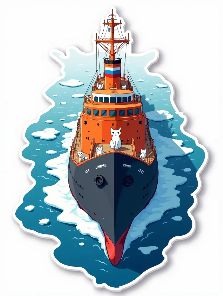 a huge atimic icebreaker floating out of the ocean with icebergs, the lower part of the ship is black, the upper part is bright orange, the inscription on the deck superstructure is the Russian flag. there are small white cats on the ship in the image of sailors,  Sticker design - top view, high resolution, vector graphics, white background, anime-style coloring.