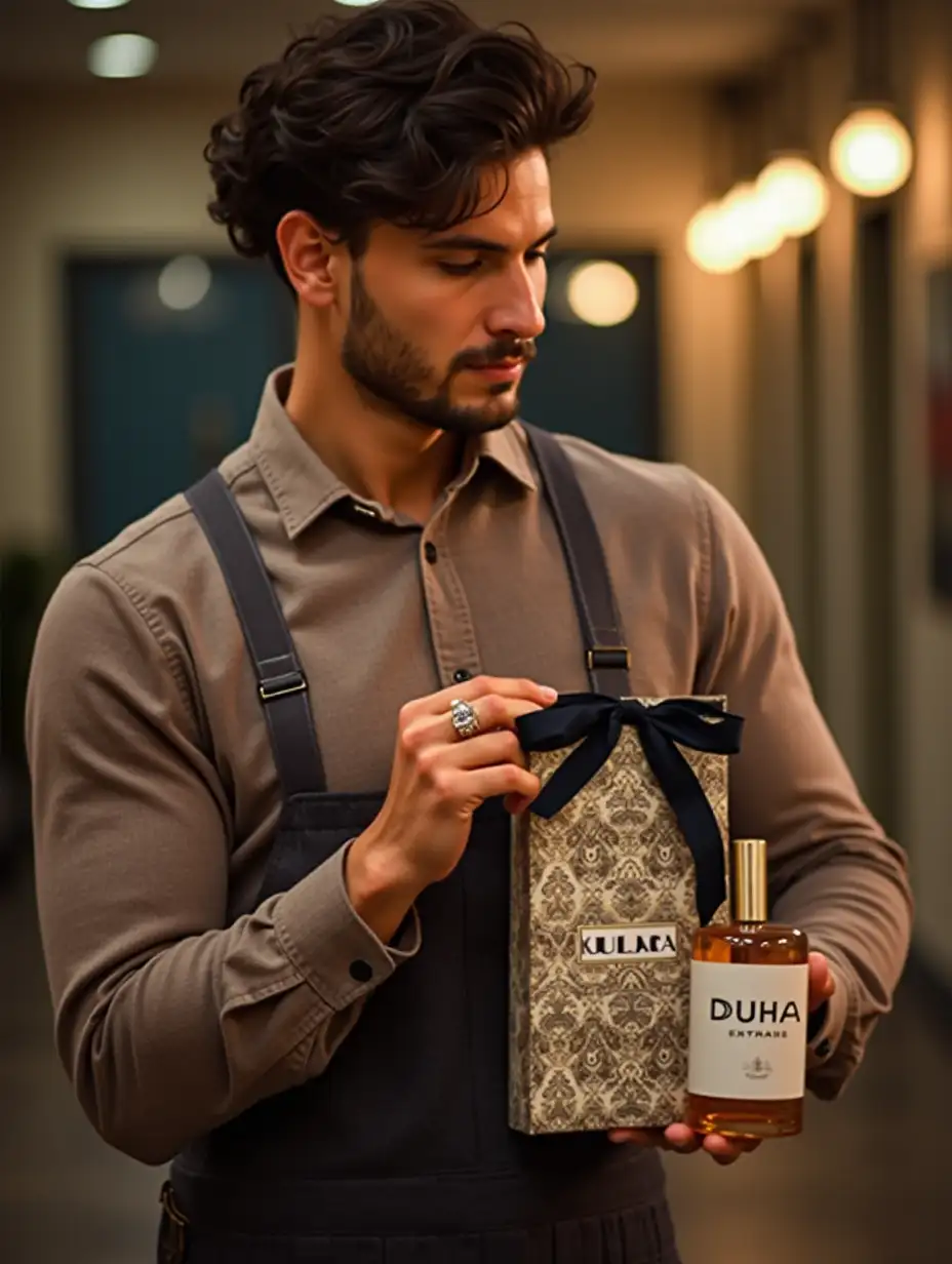 Man holding a gorgeous gift bag named on Duha Perfumes