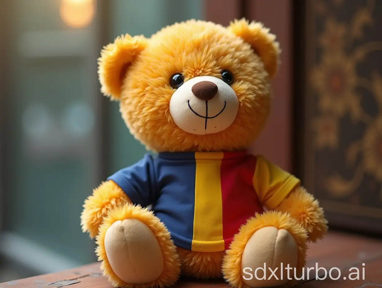 a teddy bear wearing a t-shirt with the flag of Romania