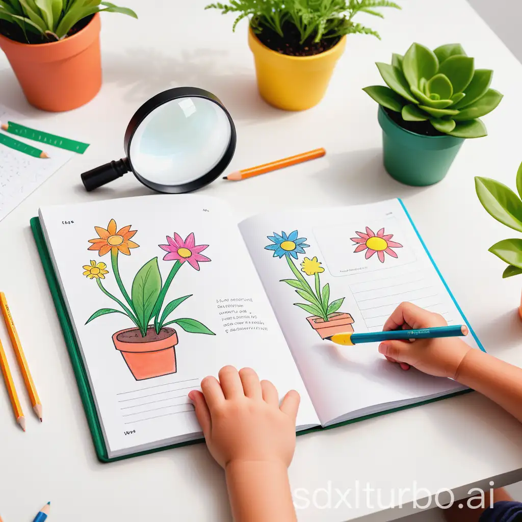 Bright-and-Cheerful-Plant-Observation-Journal-for-Kids-with-Potted-Plants-and-Natural-Lighting