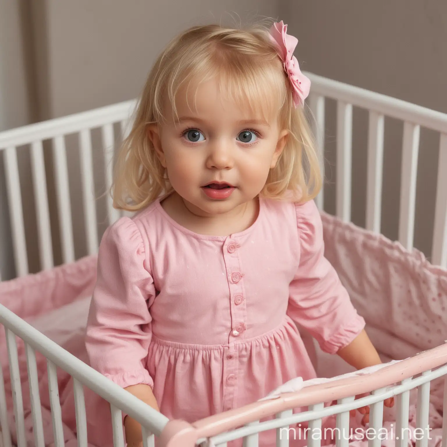 Sweet Baby Girl with Blonde Hair and Pink Dress Standing in Crib