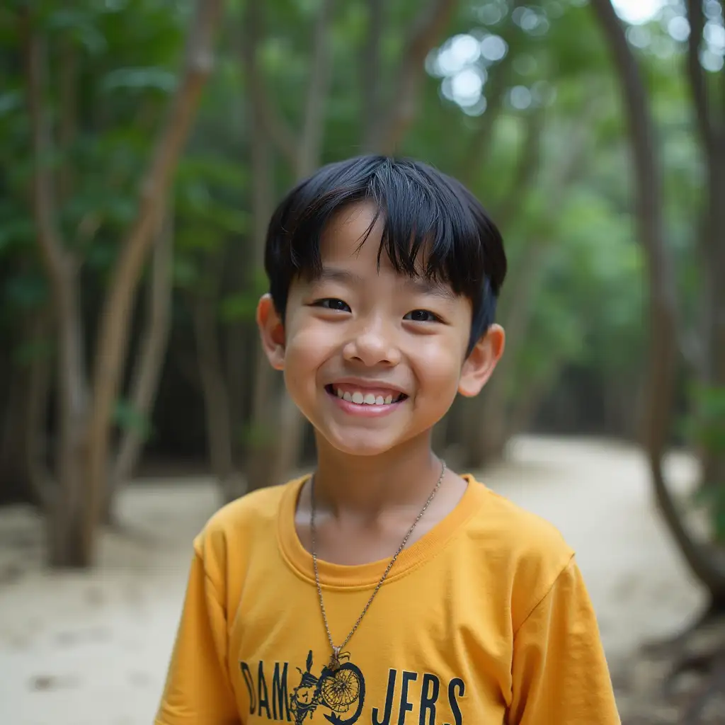 a boy named Liam, 9 years old , on an island full of trees and sand in the Philippines.