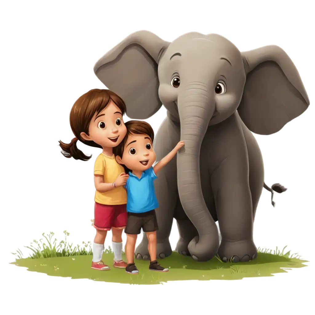 Kids-Playing-with-Elephant-in-Garden-Fun-Cartoon-PNG-for-Creative-Projects