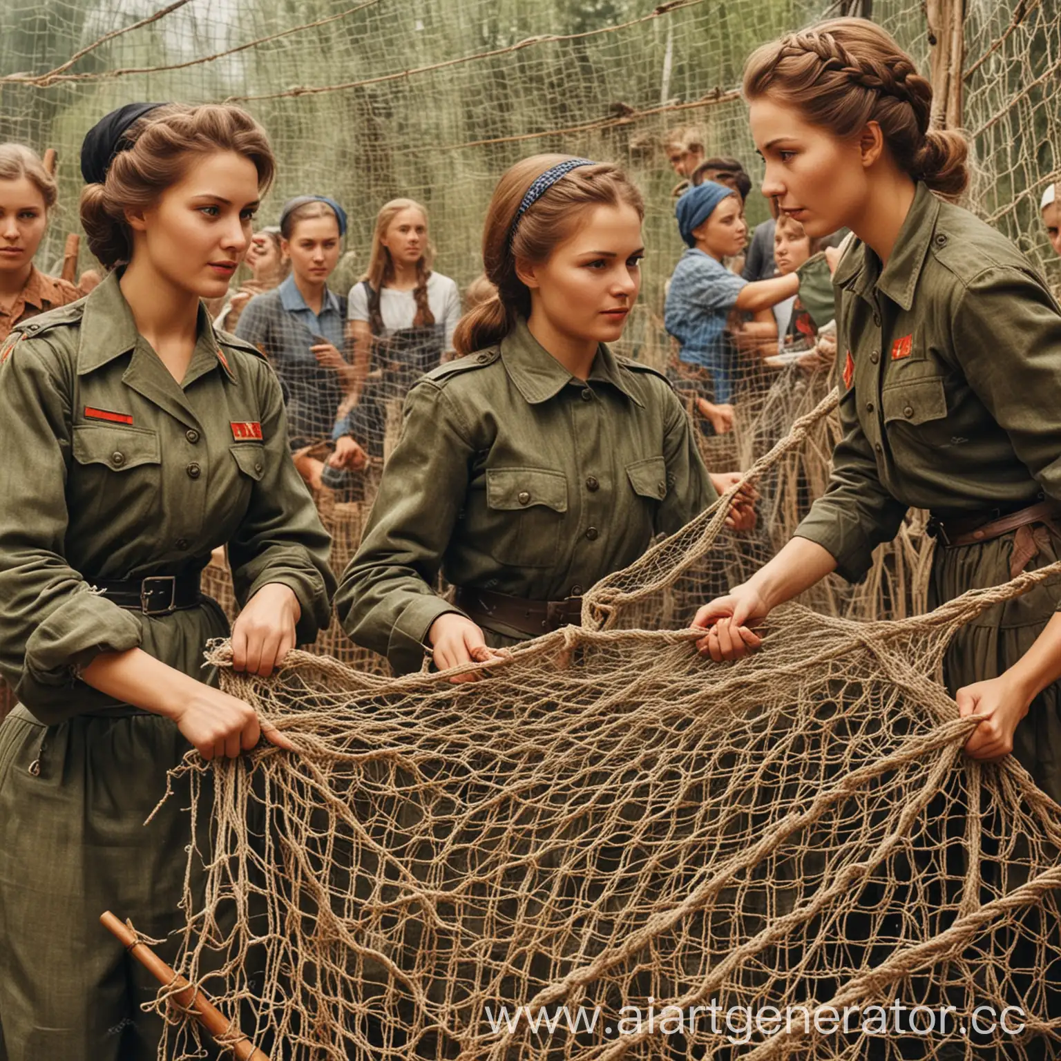 Diverse-Group-Weaving-Military-Nets-in-Soviet-Poster-Style