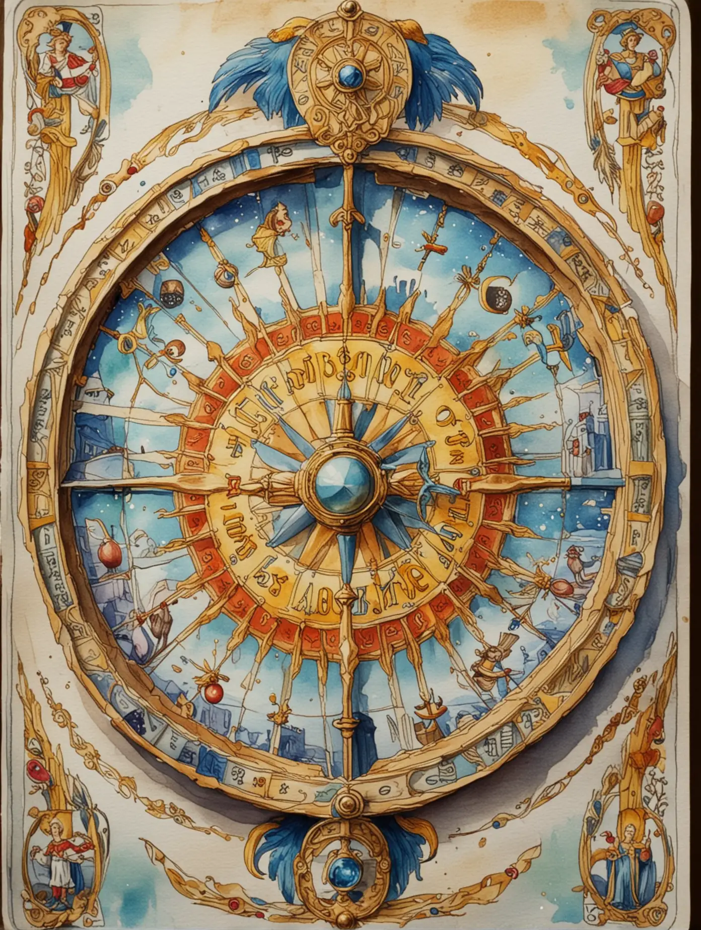 Watercolor-Tarot-Card-Wheel-of-Fortune-with-Ornate-Border