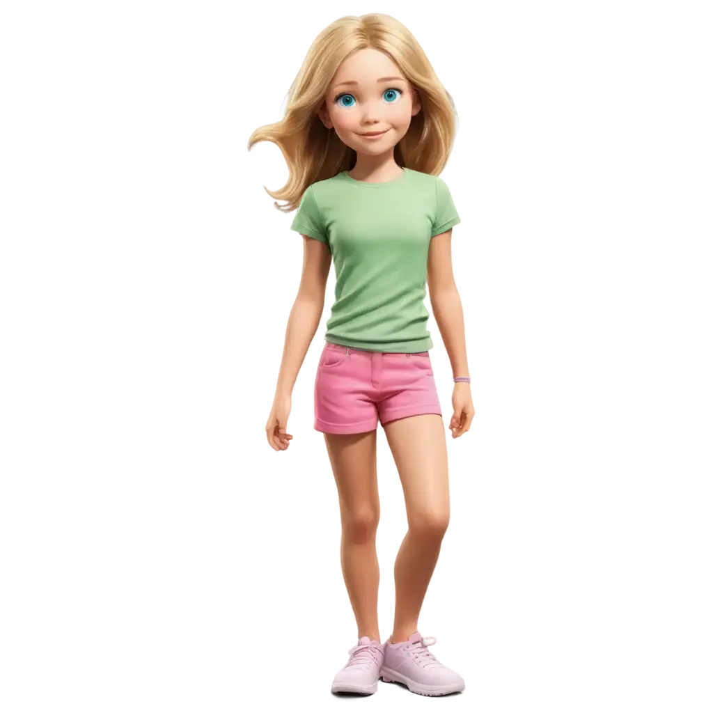 6YearOld-Girl-Cartoon-PNG-Blonde-Hair-Blue-Eyes-Green-TShirt-Pink-Shorts