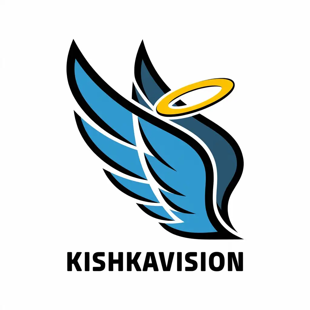 LOGO-Design-for-KishkaVision-Abstract-Angel-Wings-with-Halo-Blue-and-Yellow-on-Clear-Background