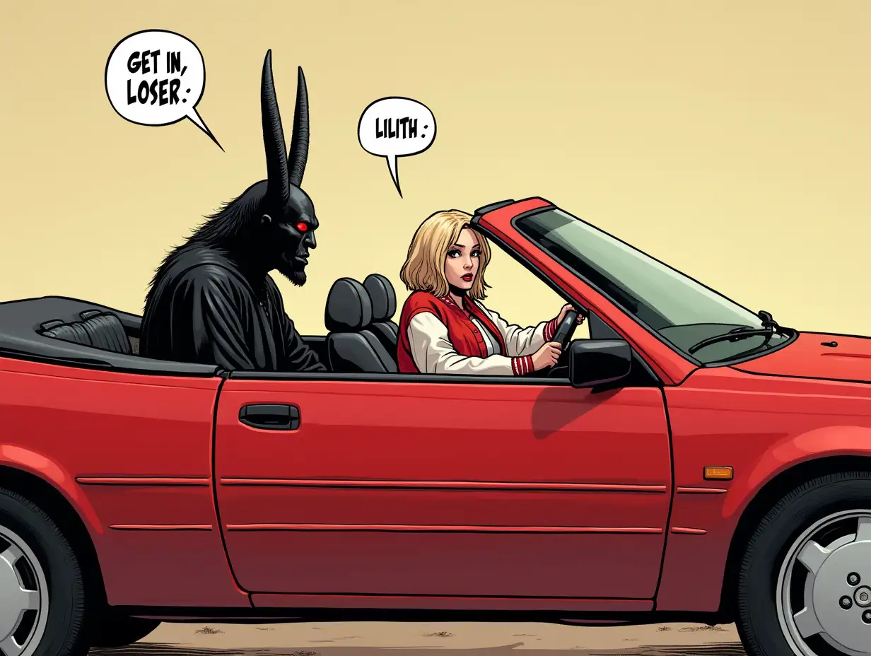 Satan-and-Lilith-in-Red-Convertible-Sports-Car-with-Speech-Bubble