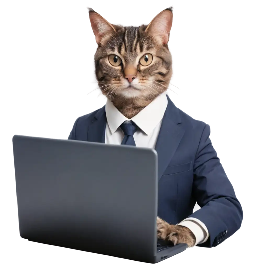 Professional-PNG-of-a-Cat-in-a-Business-Suit-Typing-on-a-Computer-for-Creative-Projects