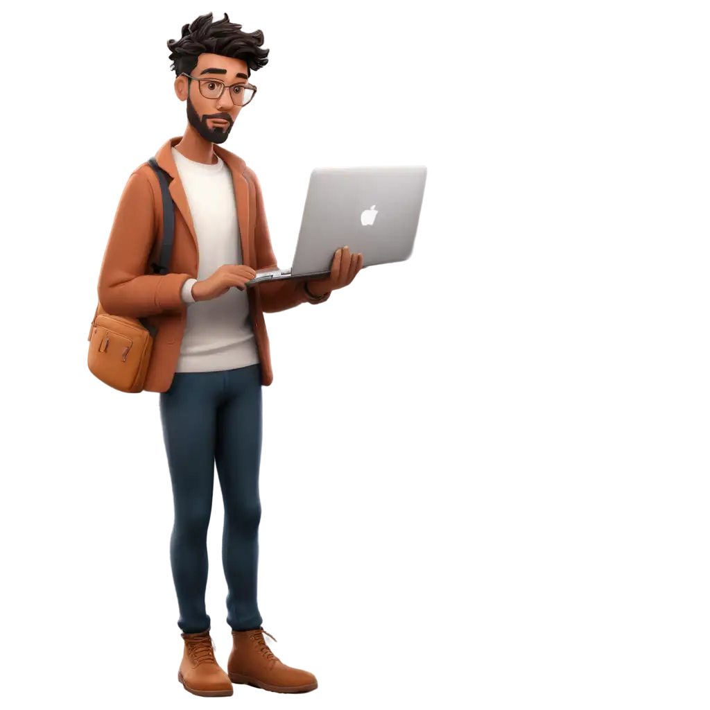 2D-Illustration-of-a-Man-Holding-a-MacBook-PNG-Image-for-Versatile-Digital-Use