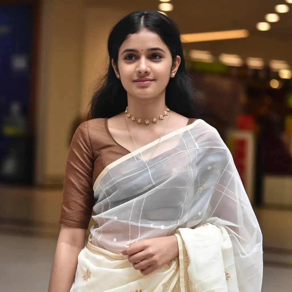 Indian-Mallu-Girl-in-Elegant-White-Transparent-Saree-and-Brown-Blouse