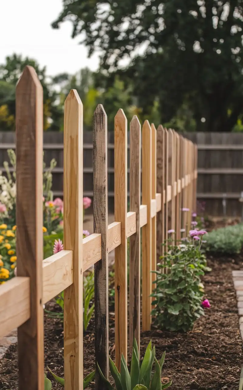 Wooden stakes lined up in a garden setting, showcasing their quality and durability.