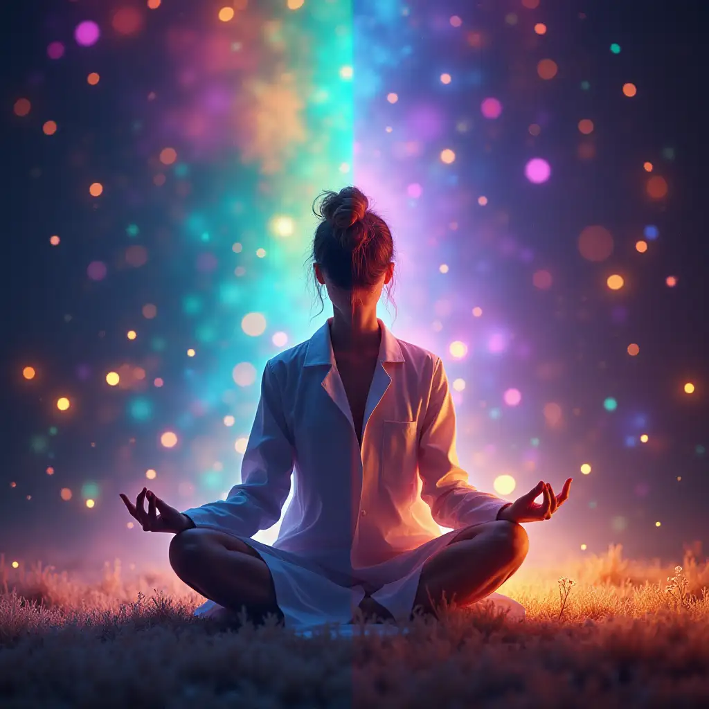 Meditation in Psychedelic Light and Lab Coat