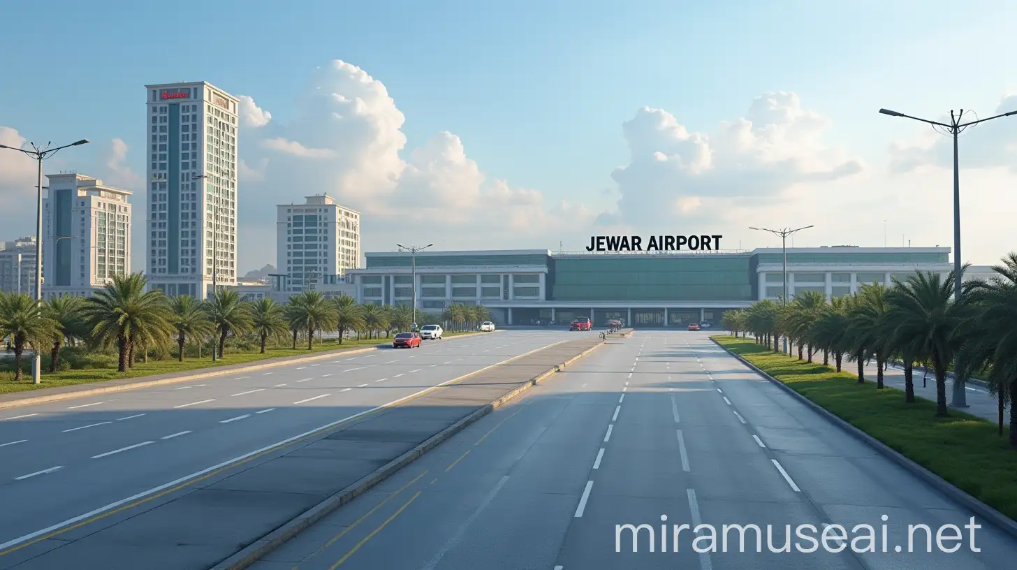 beautiful city big buildings, near airport, focus on airport, write 'JEWAR AIRPORT'on airport main gate