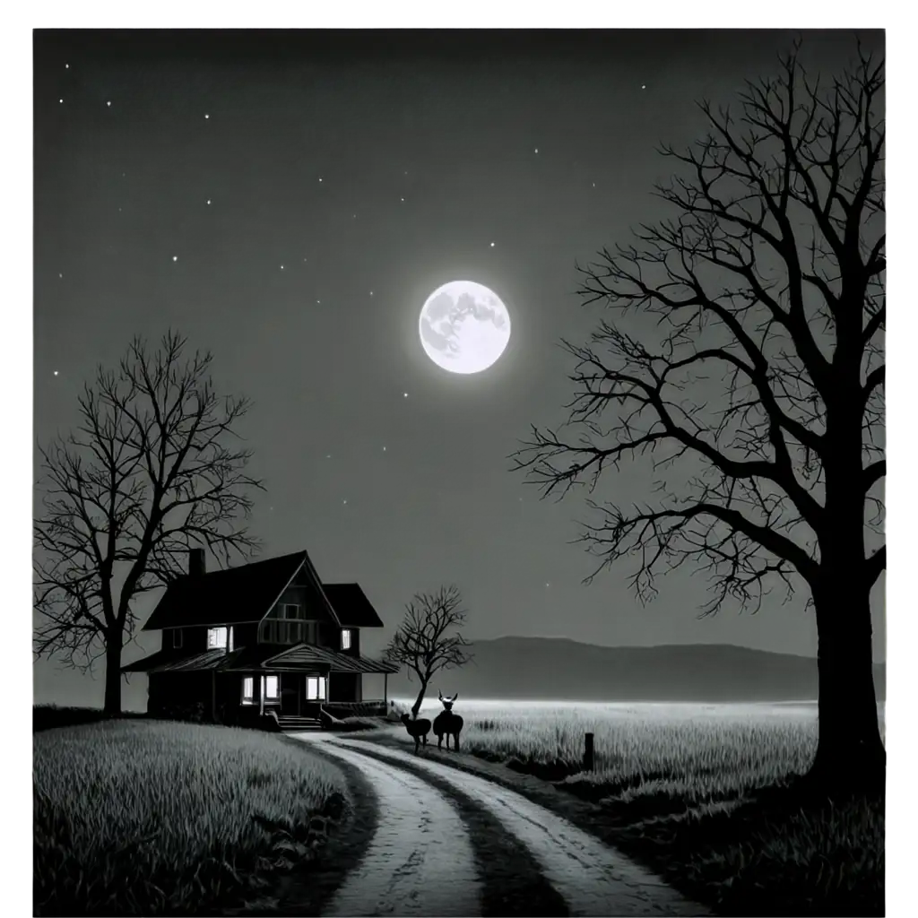 Moonlight-Art-with-Dark-Tree-Deer-and-Path-to-Home-Black-and-White-PNG-Image