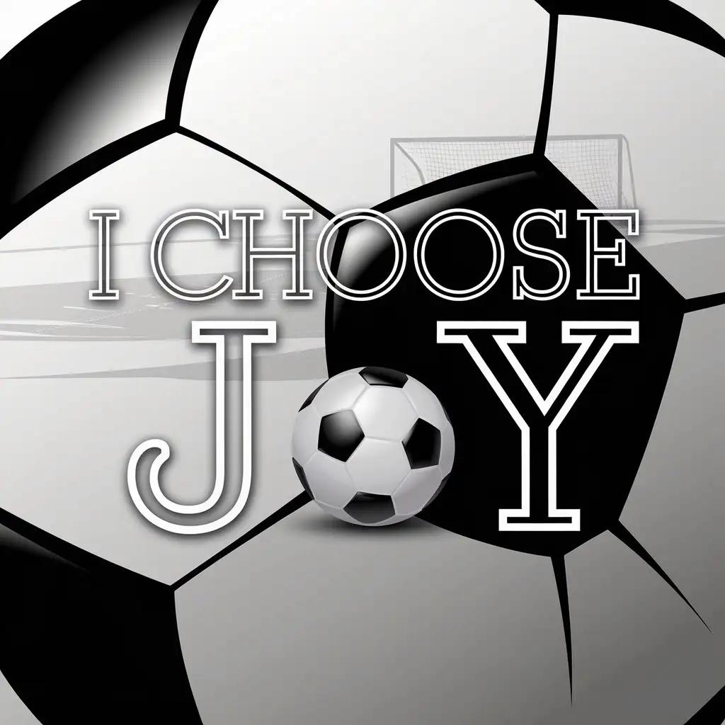 I CHOOSE JOY in sleek uppercase font with a black and white gradient that resembles a soccer ball pattern. The background showcases a green soccer field with a goal net barely visible in the distance, while a soccer ball adds a playful touch near the bottom edge of the text --ar 1:1 --v 5