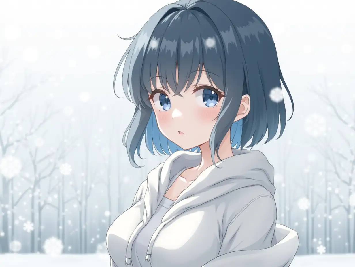 1 girl, blue black hair, light blue and black eyes, short hair, loose jacket, medium breast, medium shot, in winter, sepia style, flat color