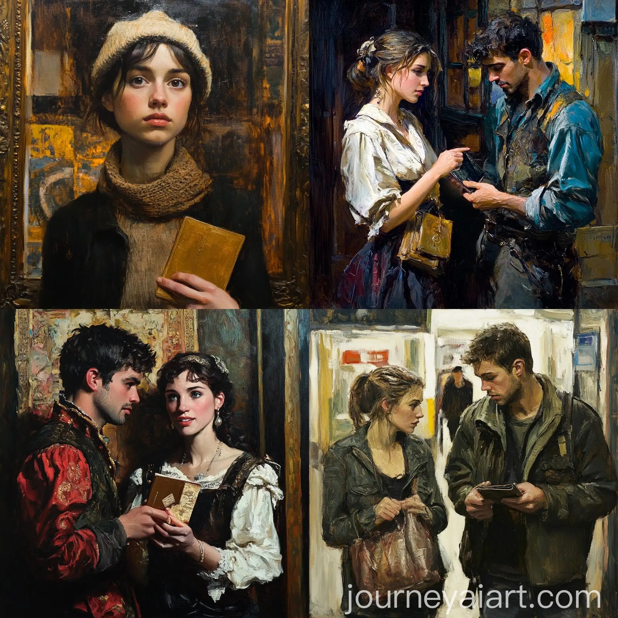 Young-Man-Stealing-Ladys-Wallet-in-Refined-Oil-Painting-Style