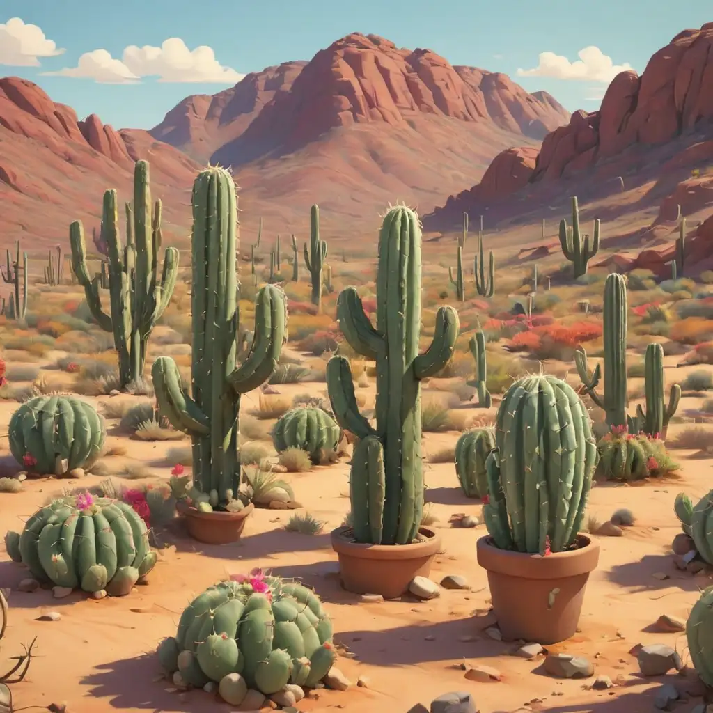 Colorful Desert Scene with CartoonStyle Cacti