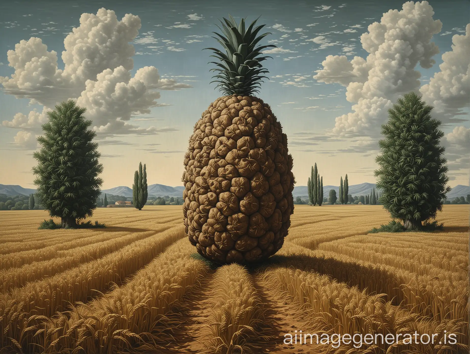 Surrealist-Painting-of-a-Stone-Pineapple-in-a-Wheat-Field-with-a-Strange-Forest-Background