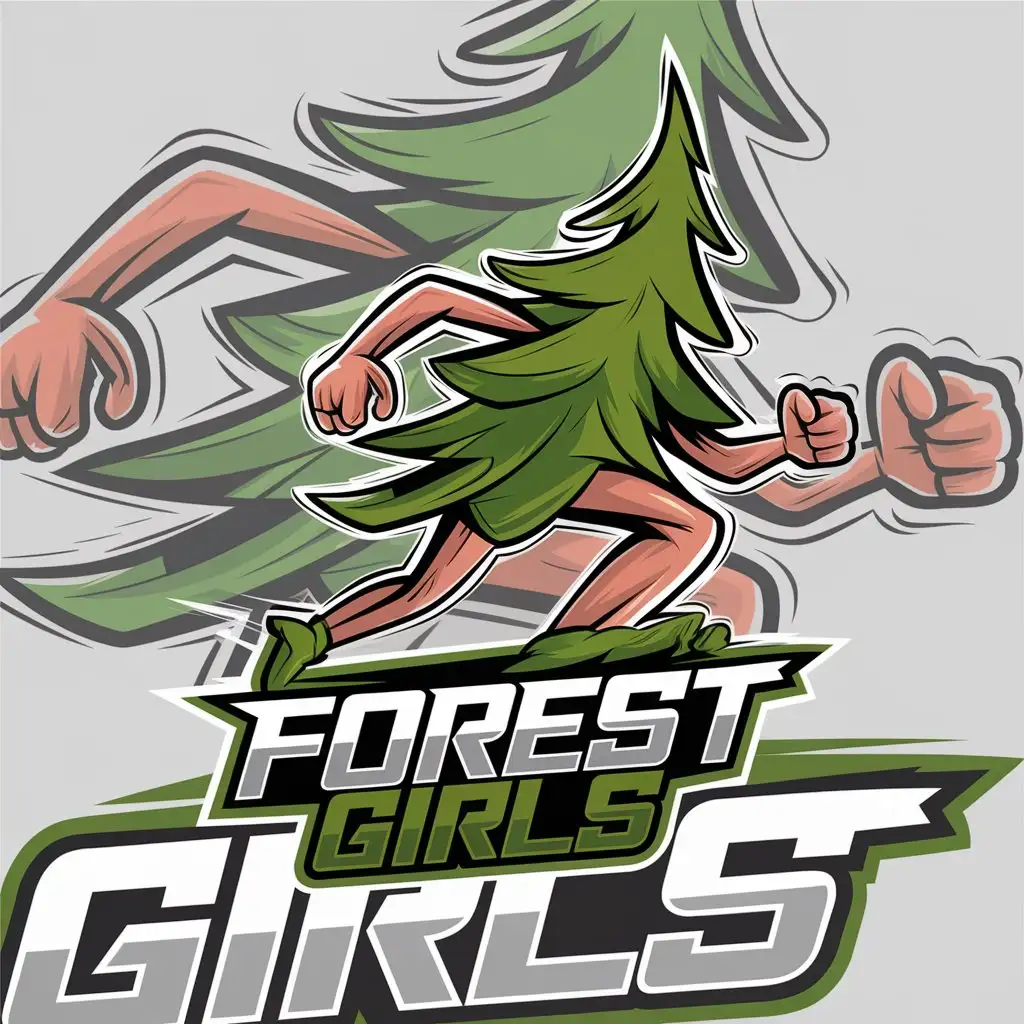 LOGO Design for Forest Girls Running Pine Tree with Cybersport Style in Green and Brown