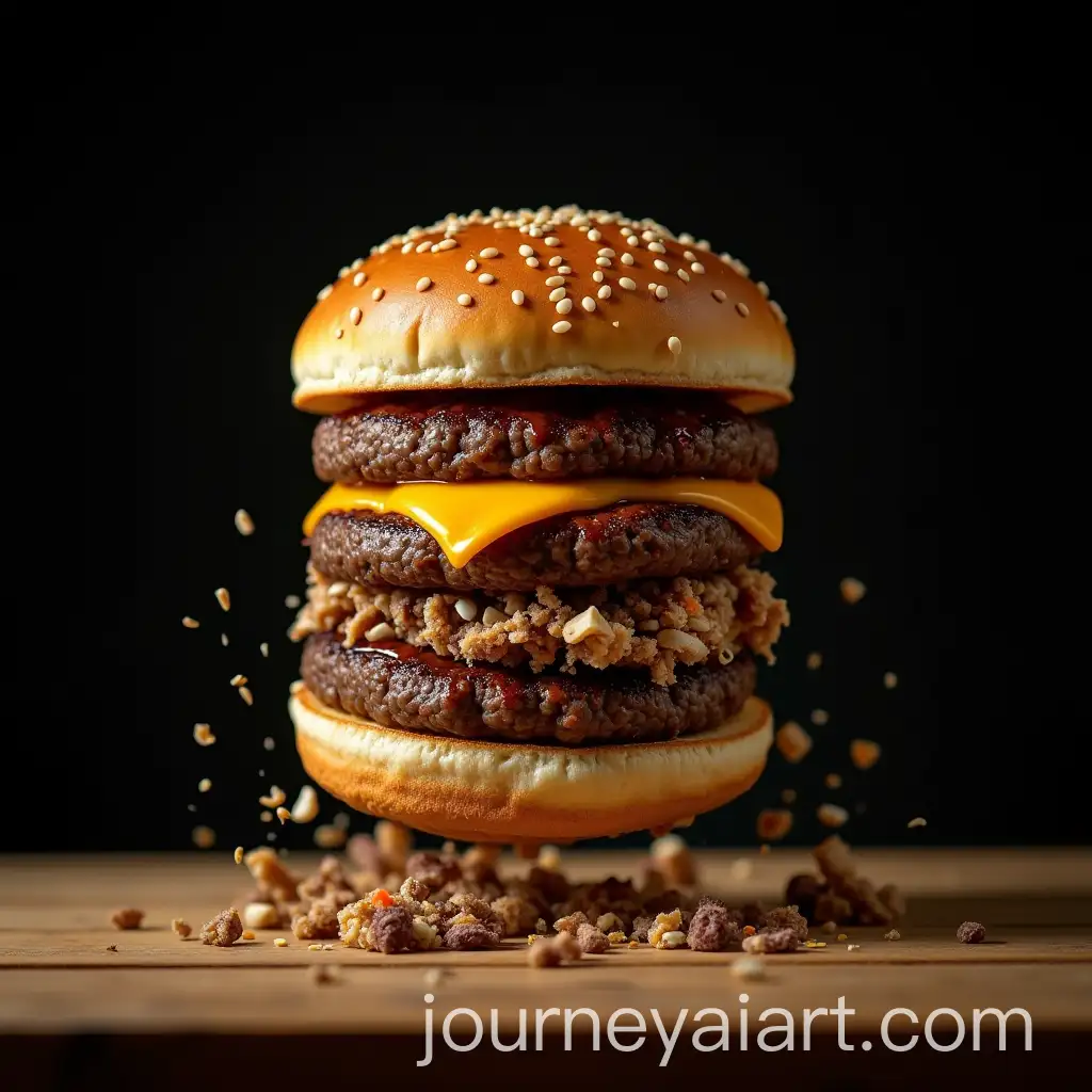 Cheeseburger-with-Layers-of-Garbage-on-Wooden-Table